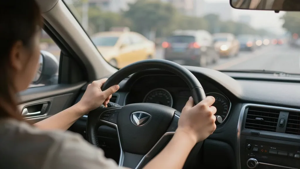 Motorista consulta a pontuação da CNH no celular dentro do carro estacionado