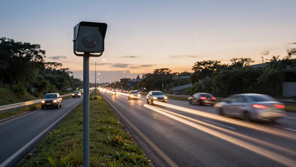 Radar fixo de velocidade à beira de uma rodovia brasileira com carros passando ao entardecer
