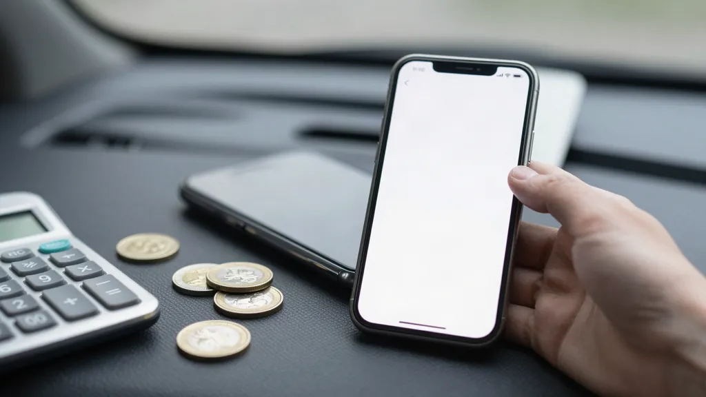 Motorista dentro do carro consultando o celular e a notificação de multa, pensando se paga com desconto ou recorre